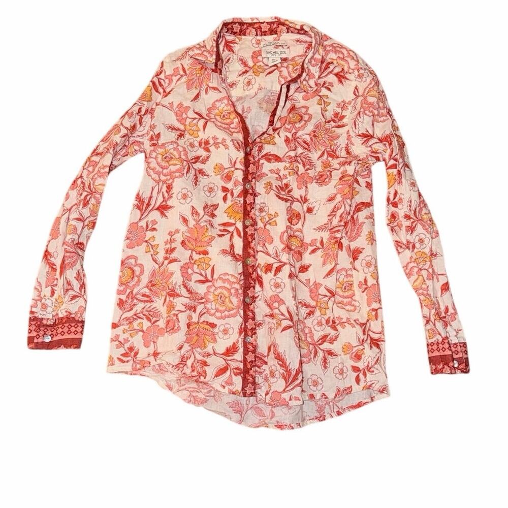 Rachel Zoe 100% linen orange red button front long sleeve top medium floral